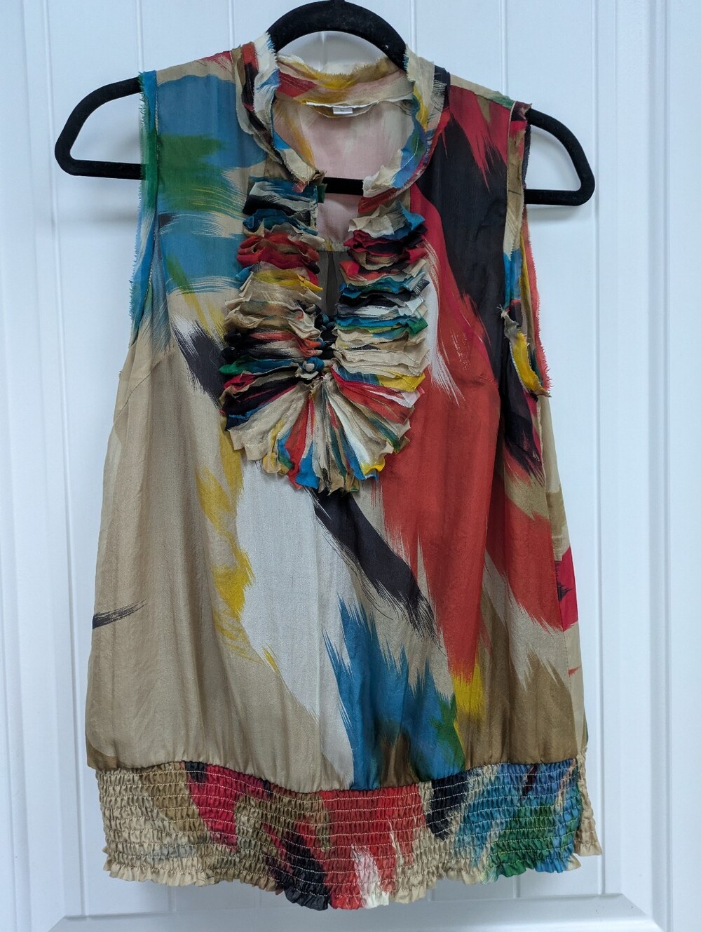 Blue Velvet Silk Printed Brushstroke Sleeveless Blouse
